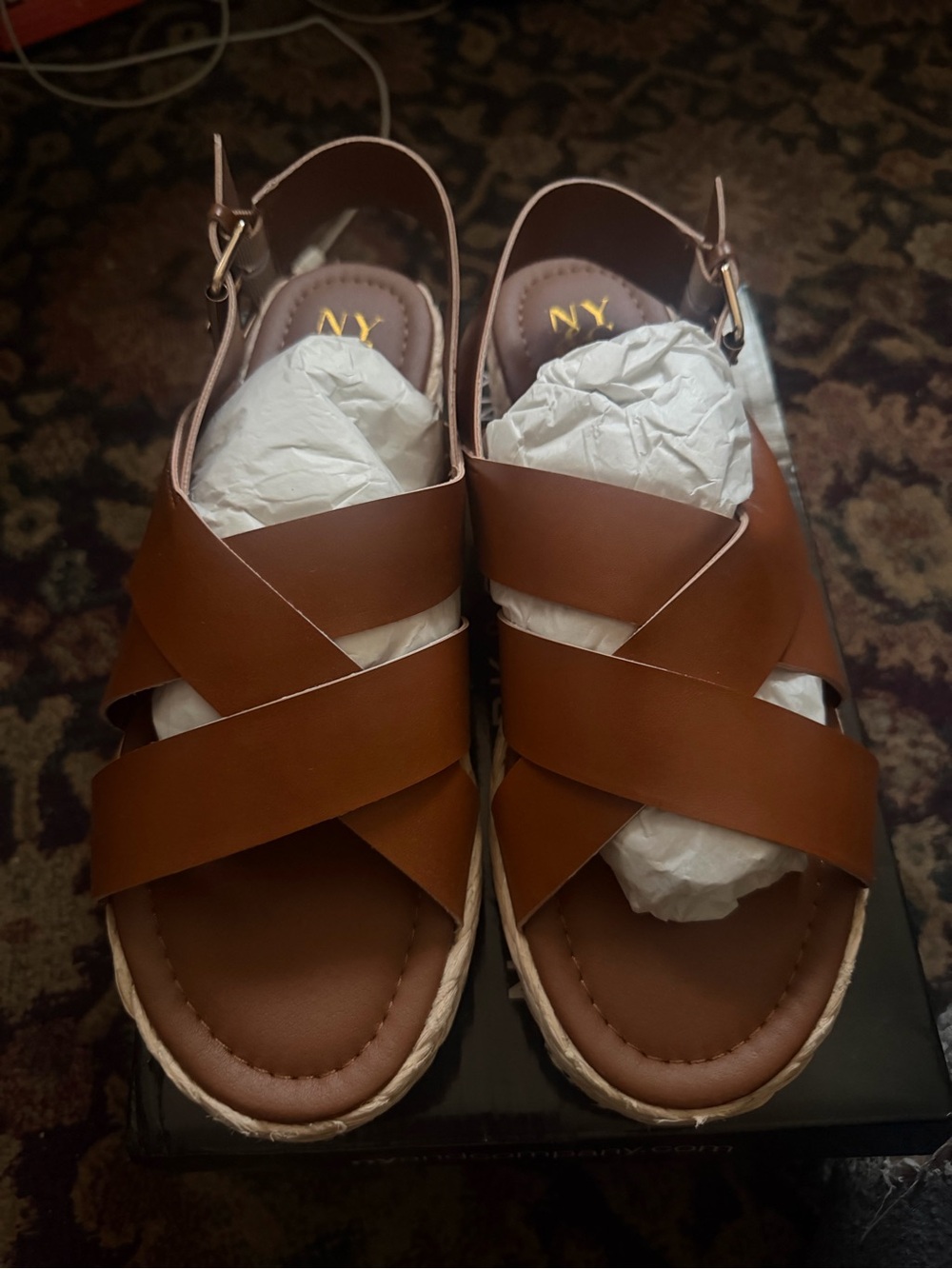 New York &Company Women’s Crisscross Slingback Sandals - Cognac Brown
